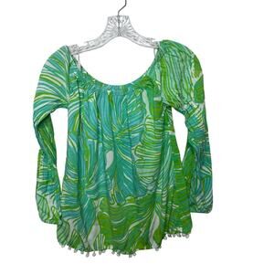 Lilly Pulitzer Green Palm Print Long Sleeve Tunic Top XS/S Pom Pom Hem Tropical‎